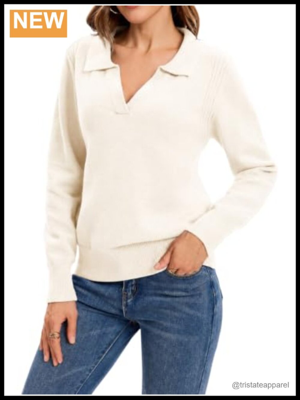 Women Long Sleeve Collared V-Neck Knit Pullover Sweater 100% Acrylic True to